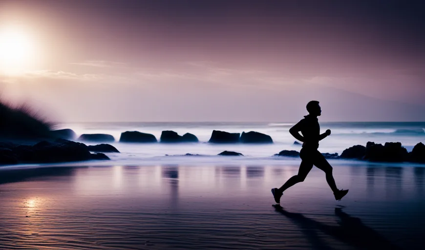 An image showcasing a peaceful sunrise beach scene, with a silhouette of a runner on the sand, highlighting the connection between exercise and mental health