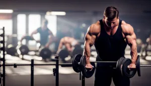 An image featuring a muscular silhouette lifting weights in a well-lit gym, surrounded by equipment, while a scientific diagram of muscle fibers and a nutrition chart blend seamlessly in the background